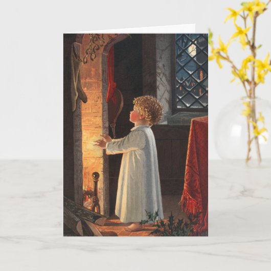  klein meisje door Fireplace Kerstmis Kaart (Gele Bloem)