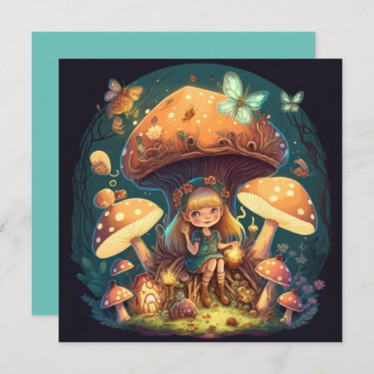 Klein meisje elve tussen paddenstoelen kaart (Voorkant / Achterkant)