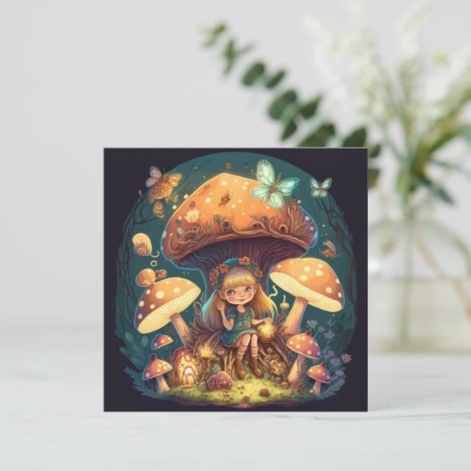 Klein meisje elve tussen paddenstoelen kaart (Staand voorkant)