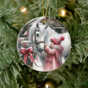 Klein meisje en een paard rustiek Boerderij kerst Keramisch Ornament