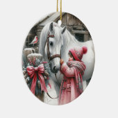 Klein meisje en een paard rustiek Boerderij kerst Keramisch Ornament (Rechts)