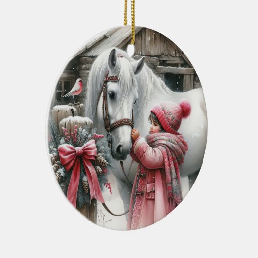 Klein meisje en een paard rustiek Boerderij kerst Keramisch Ornament (Rechts)