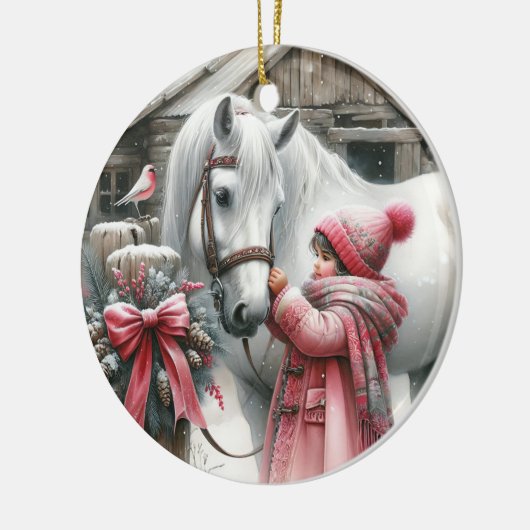 Klein meisje en een paard rustiek Boerderij kerst Keramisch Ornament (Links)