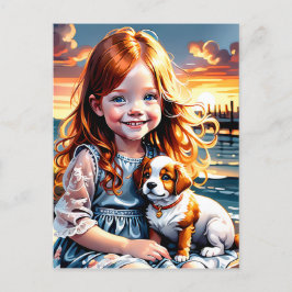 Klein meisje en een schattige kleine mollige puppy feestdagenkaart