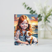 Klein meisje en een schattige kleine mollige puppy feestdagenkaart (Staand voorkant)