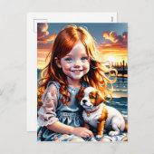 Klein meisje en een schattige kleine mollige puppy feestdagenkaart (Voorkant / Achterkant)