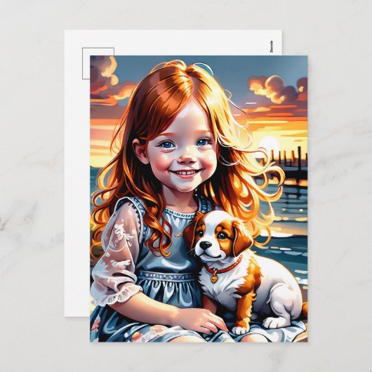 Klein meisje en een schattige kleine mollige puppy feestdagenkaart (Voorkant / Achterkant)