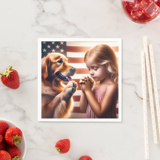 Klein meisje en Golden Retriever bidden Servet (Insitu)