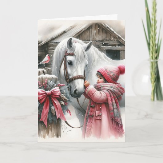 Klein meisje en haar paard gepersonaliseerde kerst feestdagen kaart (Voorkant)