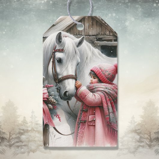 Klein meisje en haar paard: rustieke kerst cadeaulabel