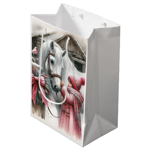 Klein meisje en haar paard: rustieke kerst medium cadeauzakje (Voorkant Gekanteld)
