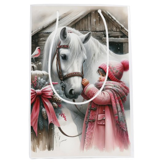 Klein meisje en haar paard: rustieke kerst medium cadeauzakje (Voorkant)