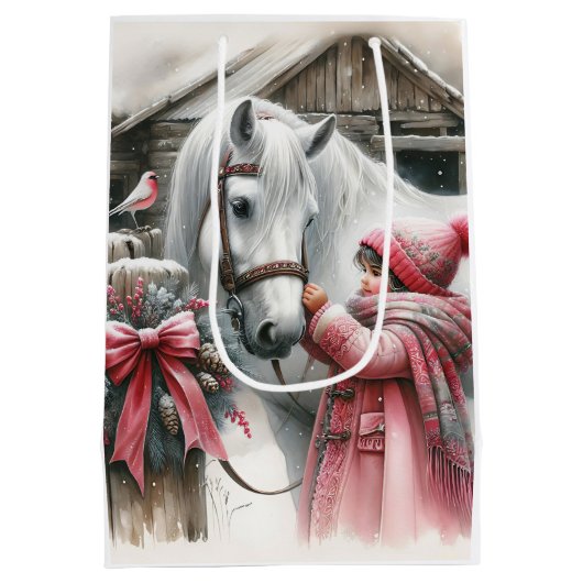 Klein meisje en haar paard: rustieke kerst medium cadeauzakje (Achterkant)