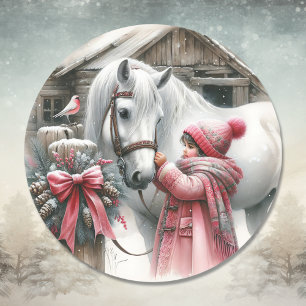 Klein meisje en haar paard: rustieke kerst ronde sticker