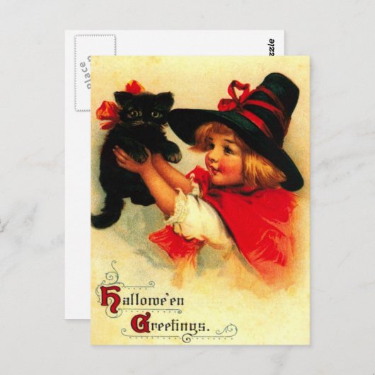 klein meisje en haar zwarte kat briefkaart (Voorkant / Achterkant)