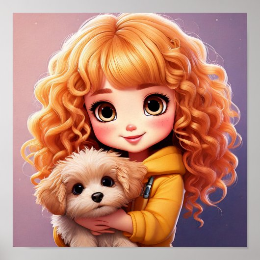 Klein meisje en hond; Chibi-kunst ,  Poster (Voorkant)