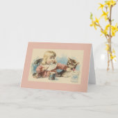  klein meisje en kaartje voor katten kaart (Gele Bloem)