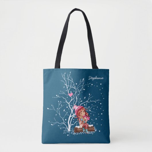 Klein meisje en Kat. Aangepaste naam kerstcadeau Tote Bag (Voorkant)
