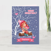 Klein meisje en Kat | Eigen naam kerstmis Feestdagen Kaart (Voorkant)