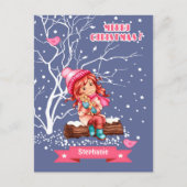 Klein meisje en Kat | Eigen naam kerstmis Feestdagenkaart (Voorkant)