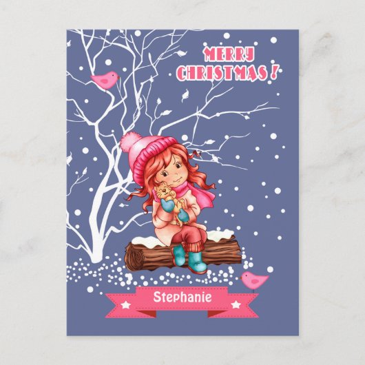 Klein meisje en Kat | Eigen naam kerstmis Feestdagenkaart (Voorkant)