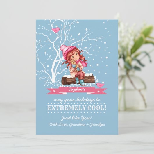 Klein meisje en Kat | Eigen naam kerstmis Feestdagenkaart (Staand voorkant)