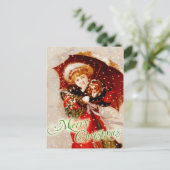 Klein meisje en puppy in de kerstsneeuw feestdagenkaart (Staand voorkant)