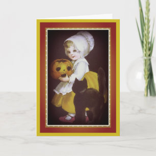 Klein meisje en zwarte kat vintage Halloween kaart