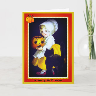 Klein meisje en zwarte kat Vintage Halloween kaart