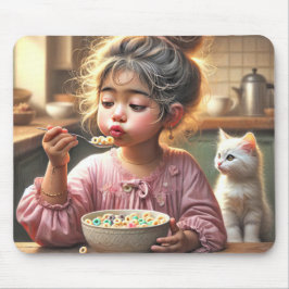 Klein meisje eten ontbijtgranen muismat
