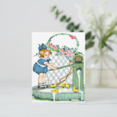 klein meisje, gele kuikens, eenden briefkaart (Staand voorkant)