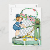 klein meisje, gele kuikens, eenden briefkaart (Voorkant / Achterkant)