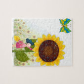klein meisje grote zonnebloem puzzel legpuzzel (Horizontaal)