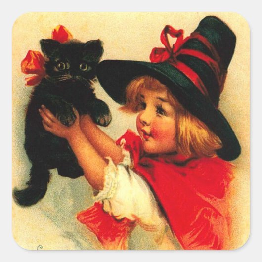 Klein Meisje & Haar Zwarte Kat Vierkante Sticker (Voorkant)