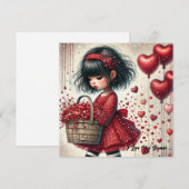 Klein meisje houdt mandje met rode glitter harten  feestdagenkaart (Voorkant / Achterkant)