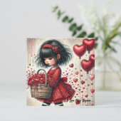 Klein meisje houdt mandje met rode glitter harten  feestdagenkaart (Staand voorkant)
