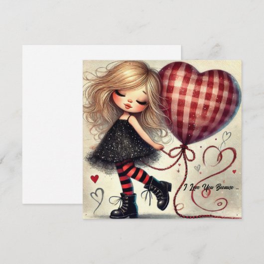 Klein meisje houdt mandje met rode glitterharten v feestdagenkaart (Voorkant / Achterkant)