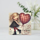 Klein meisje houdt mandje met rode glitterharten v feestdagenkaart (Staand voorkant)