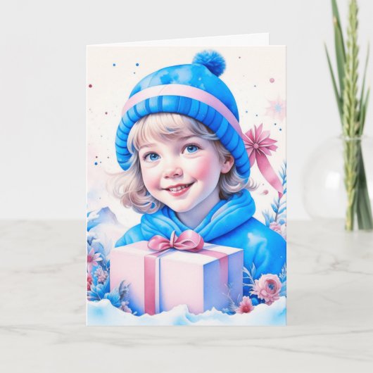 Klein  Meisje in Blauw en Roze Kerstmis Kaart (Voorkant)