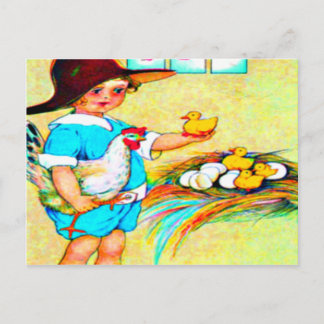 Klein meisje in een floppy pet met broekkuikens, briefkaart
