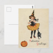 Klein meisje in heks Halloween kostuum, zwarte kat Briefkaart (Voorkant / Achterkant)