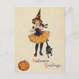 Klein meisje in heks Halloween kostuum, zwarte kat Briefkaart