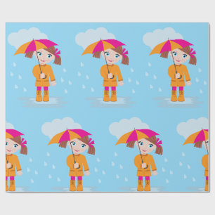 Klein meisje in oranje regenjas met roze paraplu cadeaupapier