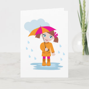 Klein meisje in oranje regenjas met roze paraplu kaart