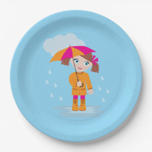 Klein meisje in oranje regenjas met roze paraplu papieren bordje