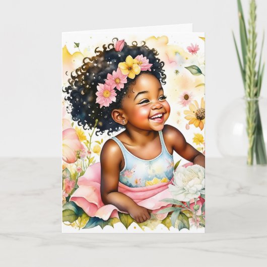 Klein Meisje in Roze Bloemen Gepersonaliseerde Ver Kaart (Voorkant)