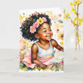 Klein Meisje in Roze Bloemen Gepersonaliseerde Ver Kaart (Gele Bloem)