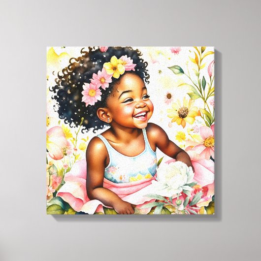 klein meisje in roze bloemen Waterverf kunst Canvas Afdruk (Voorkant)