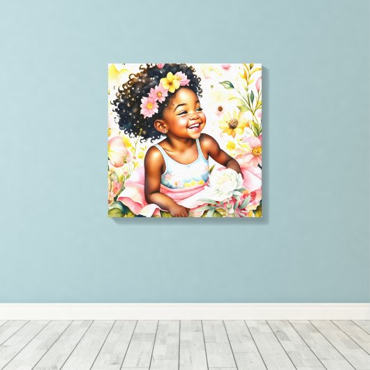 klein meisje in roze bloemen Waterverf kunst Canvas Afdruk (Insitu (Houten vloer))