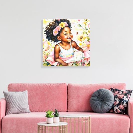 klein meisje in roze bloemen Waterverf kunst Canvas Afdruk (Insitu (Woonkamer))
